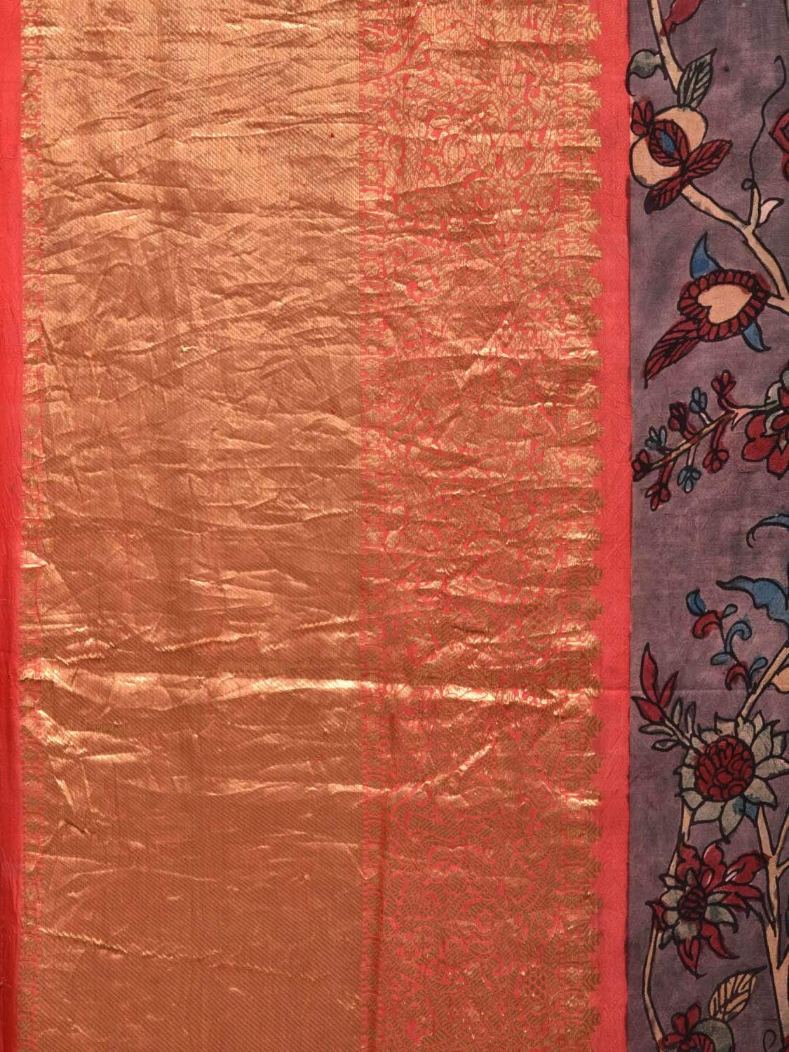 Grey Kalamkari Hand Painted Kanchipuram Silk Handloom Saree with Floral Design KL0464