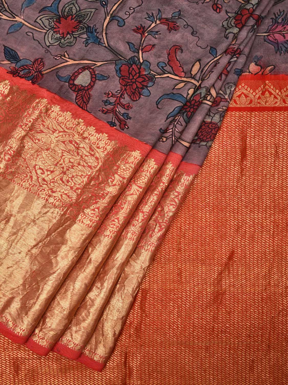 Grey Kalamkari Hand Painted Kanchipuram Silk Handloom Saree with Floral Design KL0464