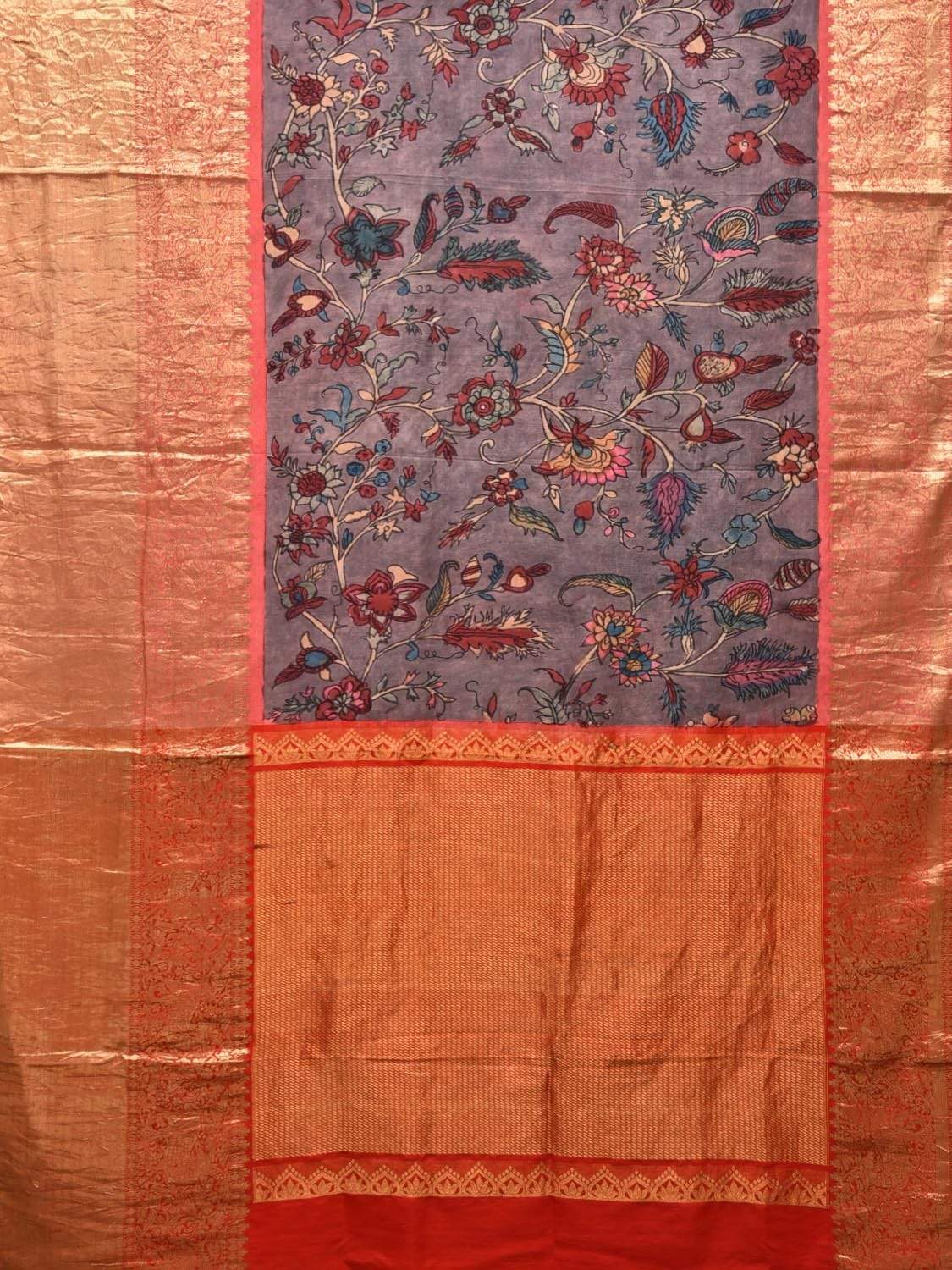Grey Kalamkari Hand Painted Kanchipuram Silk Handloom Saree with Floral Design KL0464