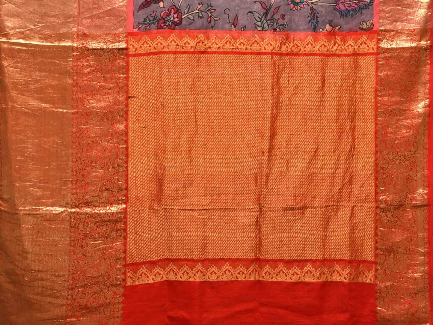 Grey Kalamkari Hand Painted Kanchipuram Silk Handloom Saree with Floral Design KL0464