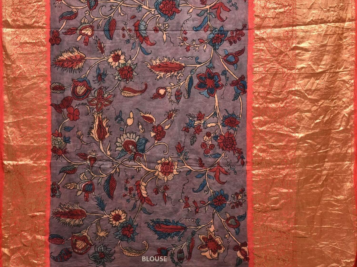 Grey Kalamkari Hand Painted Kanchipuram Silk Handloom Saree with Floral Design KL0464