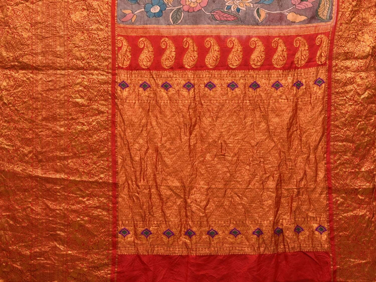 Grey Kalamkari Hand Painted Kanchipuram Silk Handloom Saree with Flowers and Birds Design KL0492