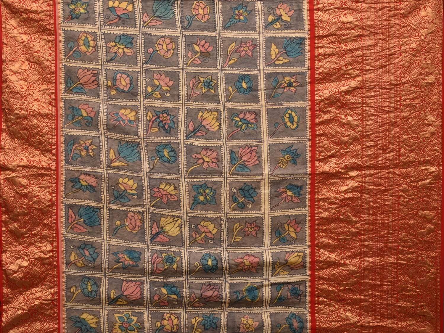 Grey Kalamkari Hand Painted Kanchipuram Silk Handloom Saree with Flowers and Birds Design KL0492