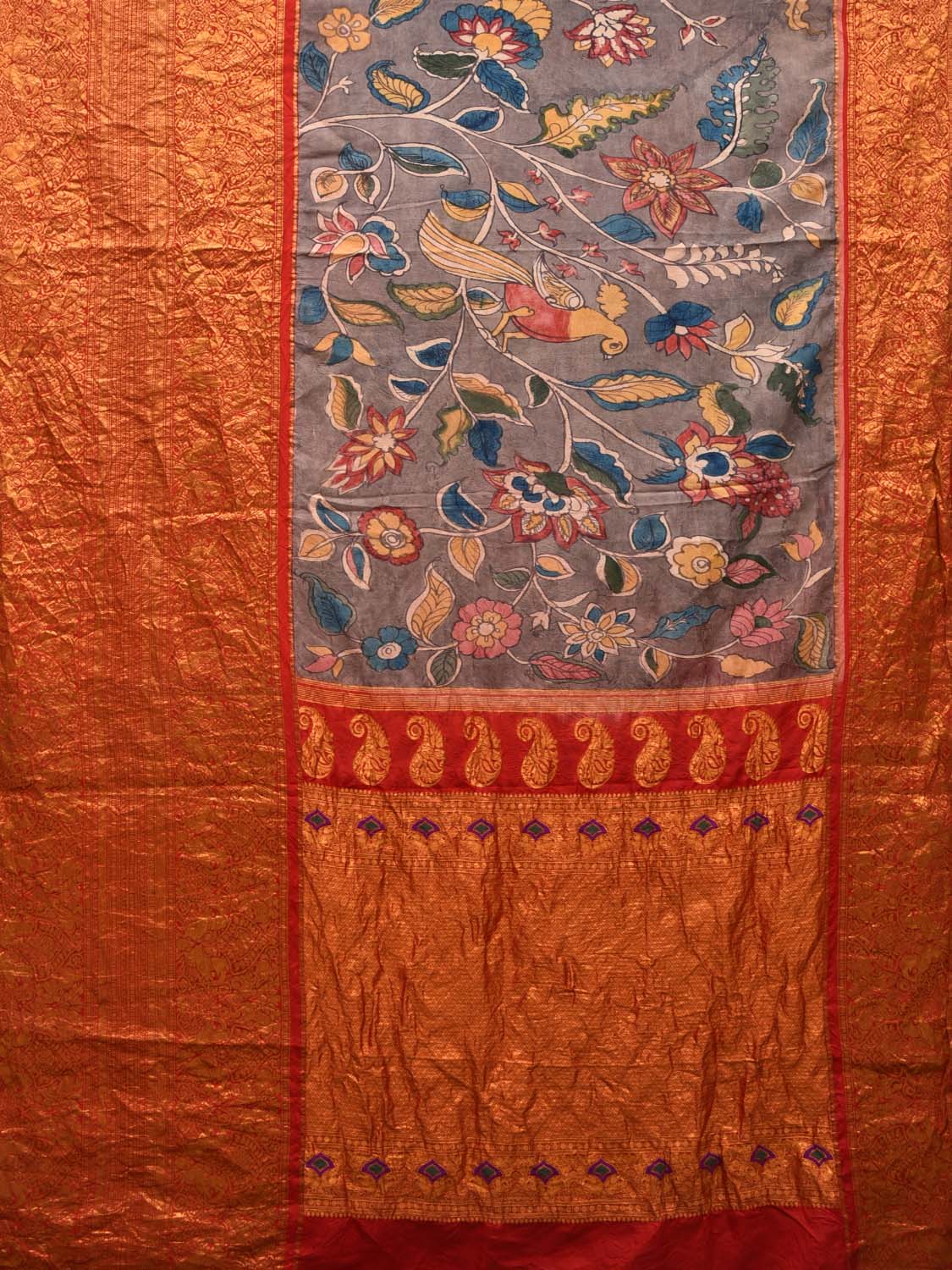 Grey Kalamkari Hand Painted Kanchipuram Silk Handloom Saree with Flowers and Birds Design KL0492