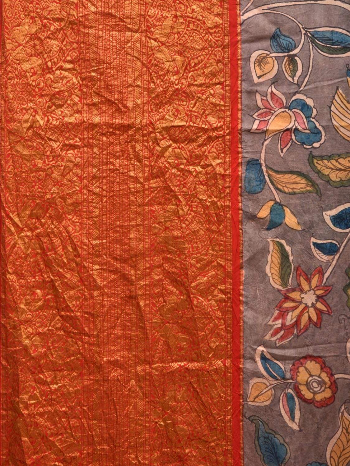 Grey Kalamkari Hand Painted Kanchipuram Silk Handloom Saree with Flowers and Birds Design KL0492