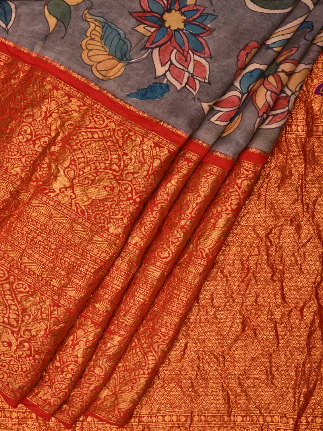 Grey Kalamkari Hand Painted Kanchipuram Silk Handloom Saree with Flowers and Birds Design KL0492