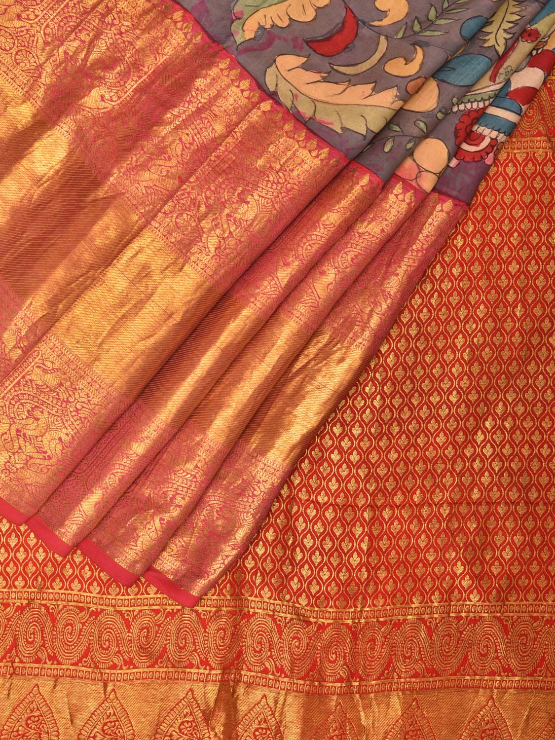 Grey Kalamkari Hand Painted Kanchipuram Silk Handloom Saree with Krishna and Floral Design KL0735