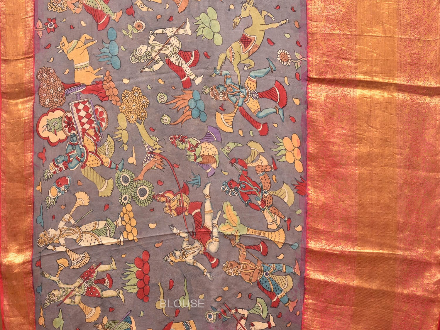 Grey Kalamkari Hand Painted Kanchipuram Silk Handloom Saree with Krishna and Floral Design KL0735