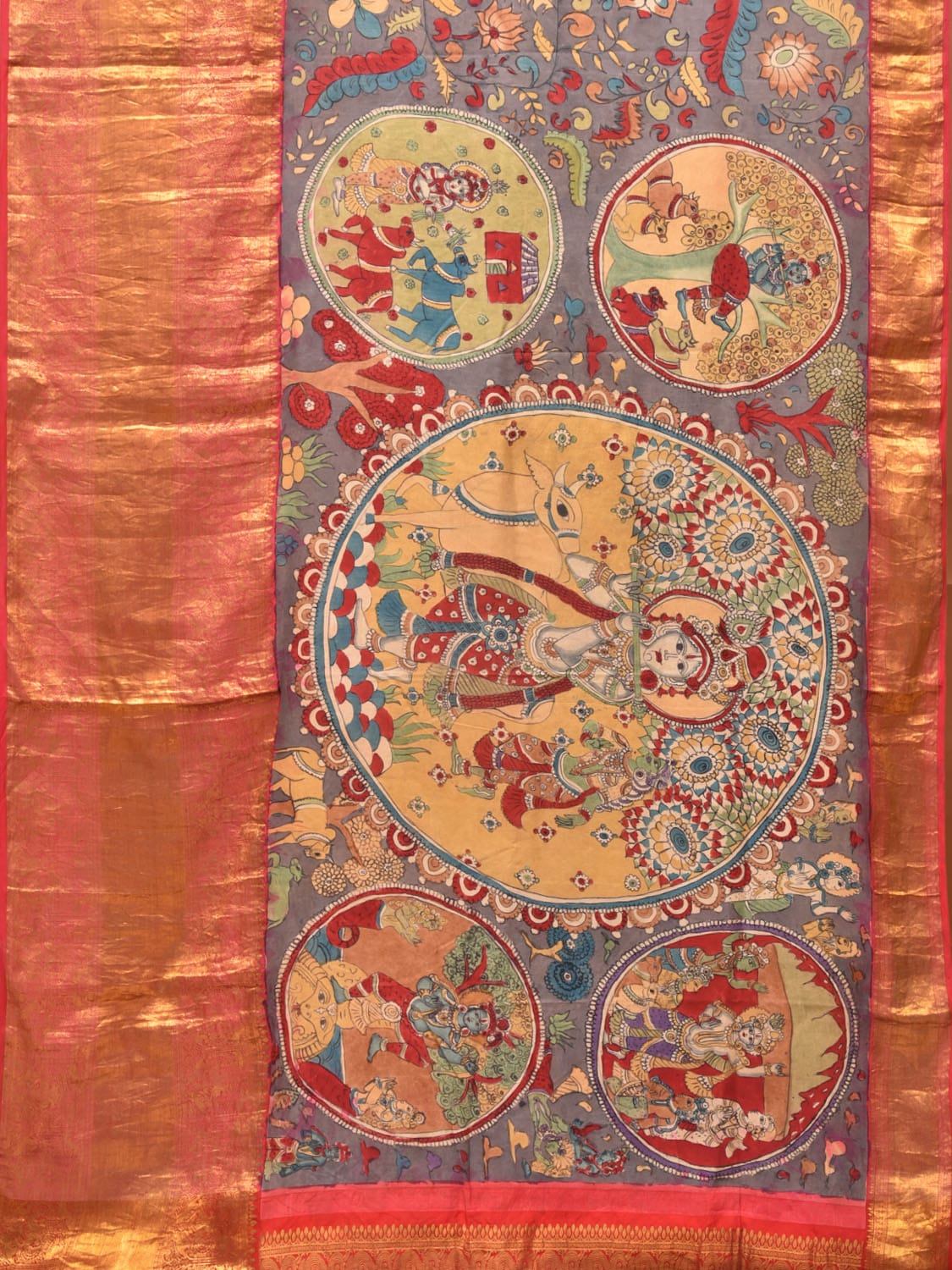 Grey Kalamkari Hand Painted Kanchipuram Silk Handloom Saree with Krishna and Floral Design KL0735