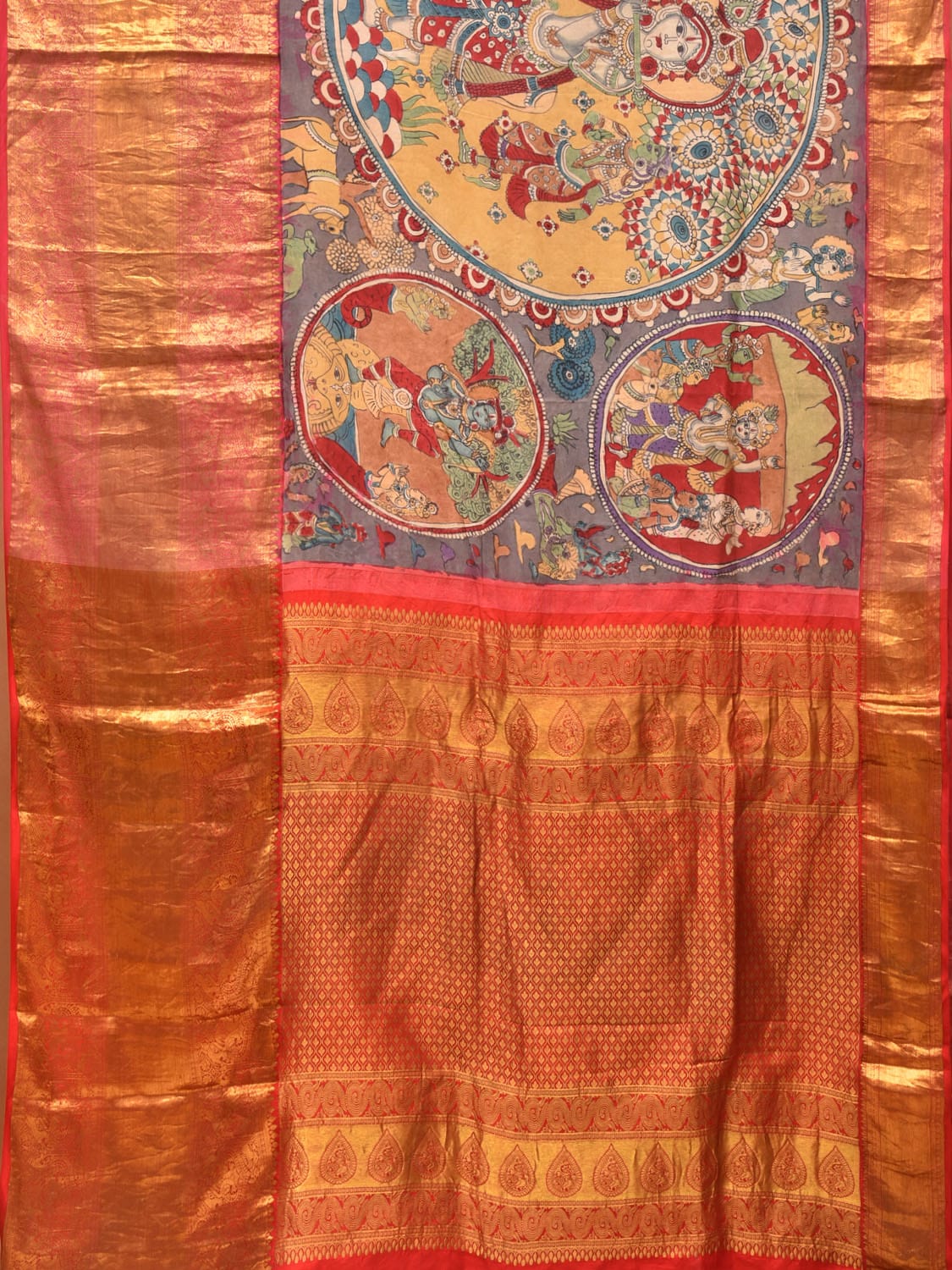 Grey Kalamkari Hand Painted Kanchipuram Silk Handloom Saree with Krishna and Floral Design KL0735