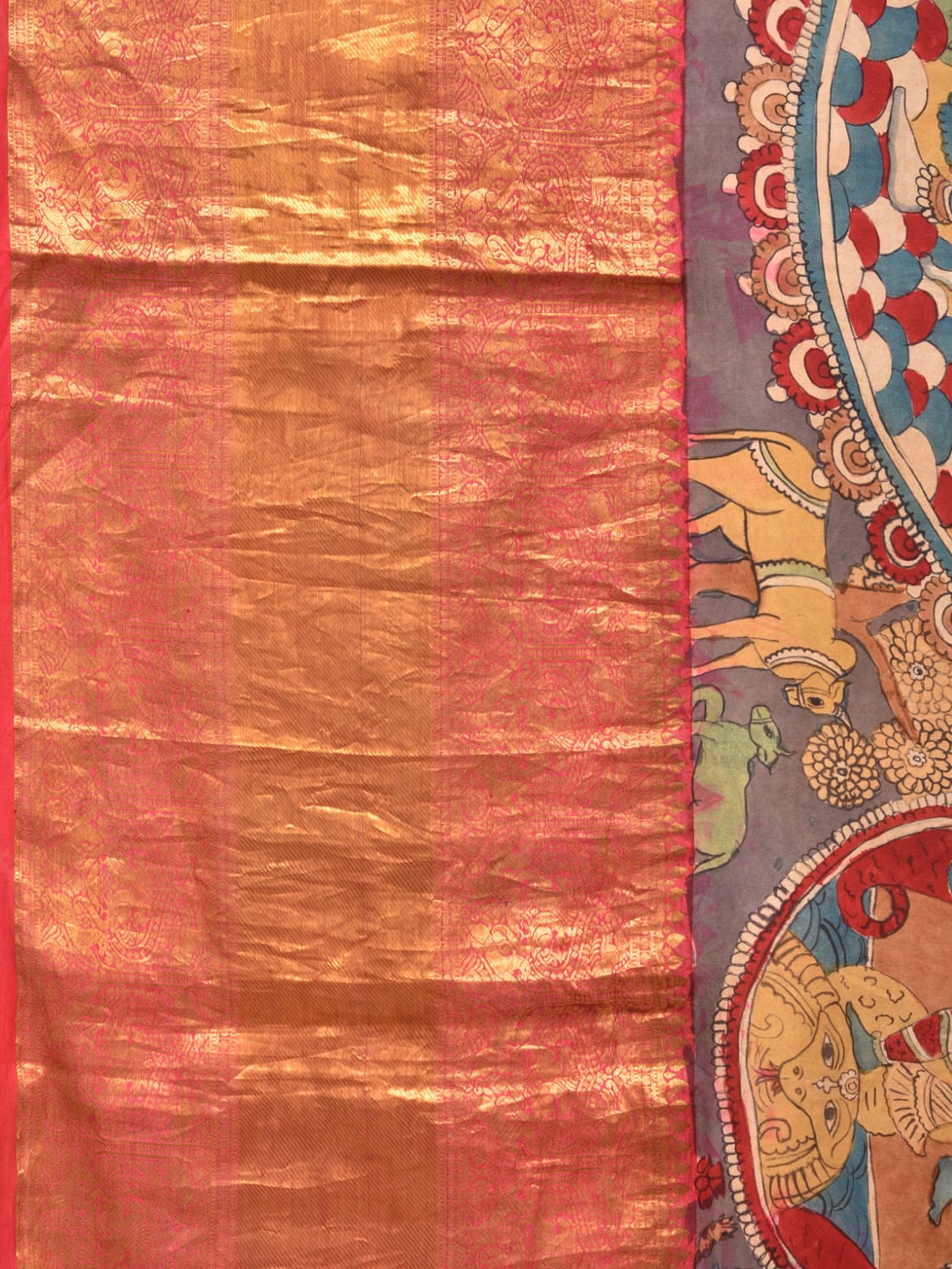 Grey Kalamkari Hand Painted Kanchipuram Silk Handloom Saree with Krishna and Floral Design KL0735