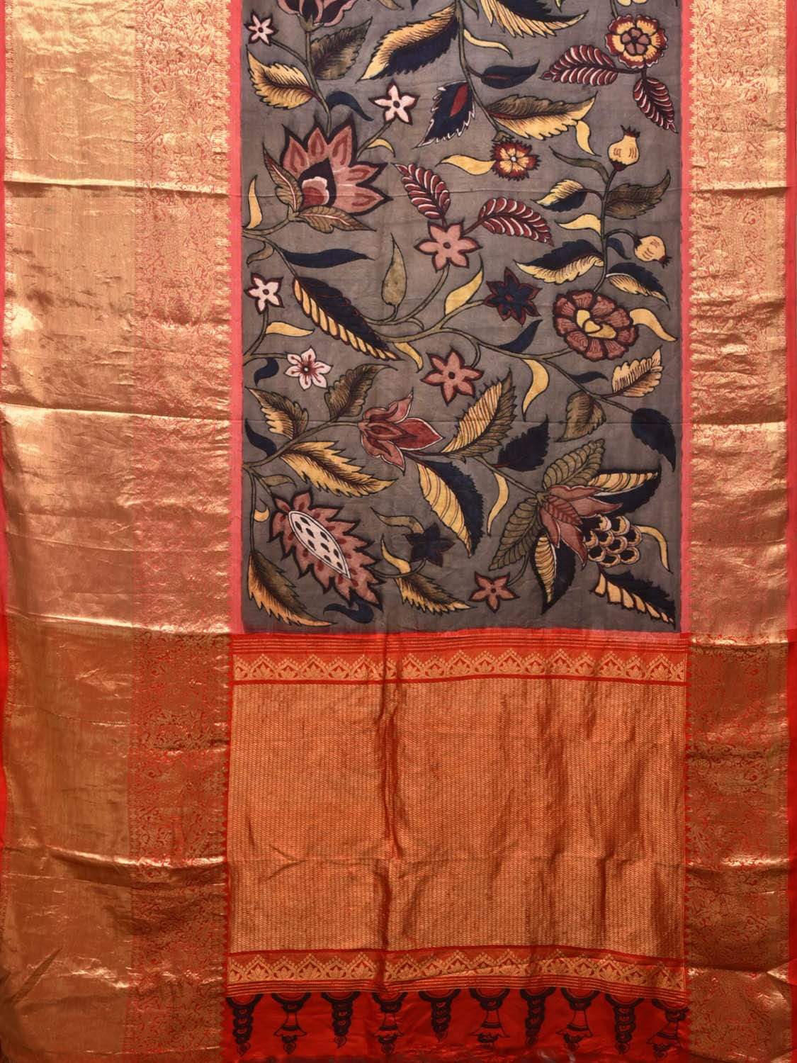 Grey Kalamkari Hand Painted Kancipuram Silk Handloom Saree with Floral Design KL0460