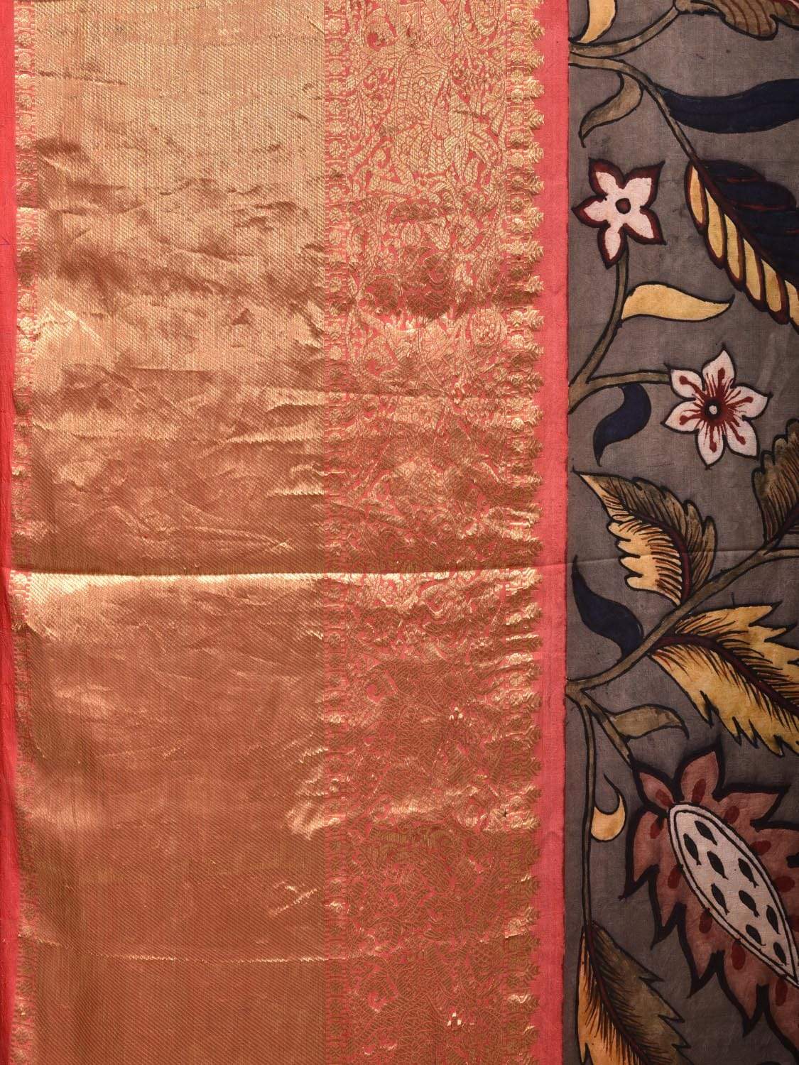 Grey Kalamkari Hand Painted Kancipuram Silk Handloom Saree with Floral Design KL0460