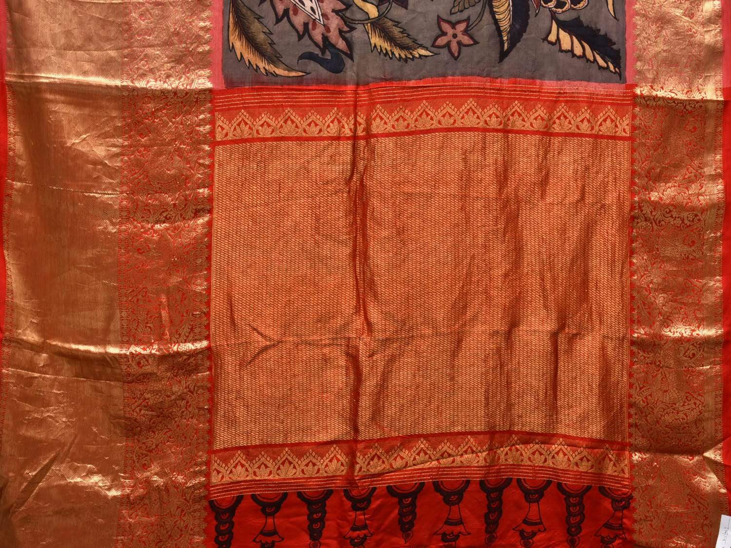 Grey Kalamkari Hand Painted Kancipuram Silk Handloom Saree with Floral Design KL0460