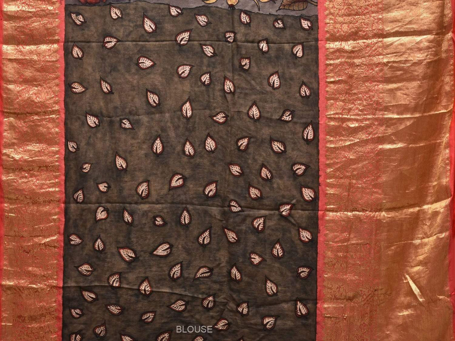 Grey Kalamkari Hand Painted Kancipuram Silk Handloom Saree with Floral Design KL0460