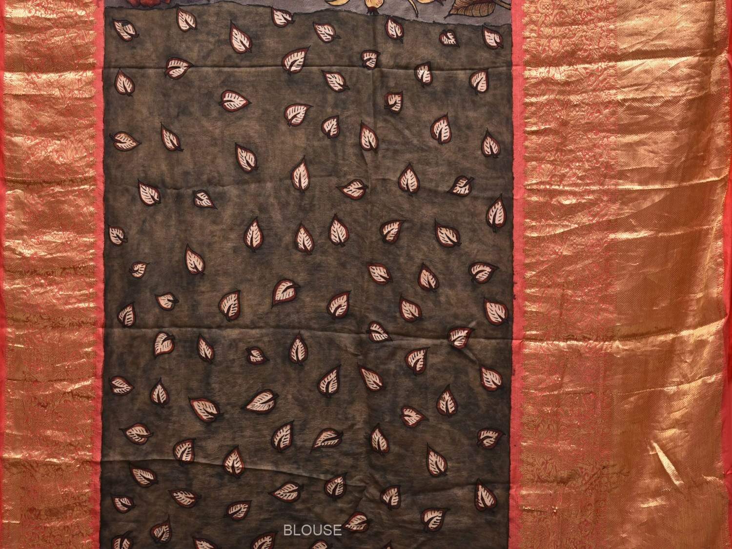 Grey Kalamkari Hand Painted Kancipuram Silk Handloom Saree with Floral Design KL0460