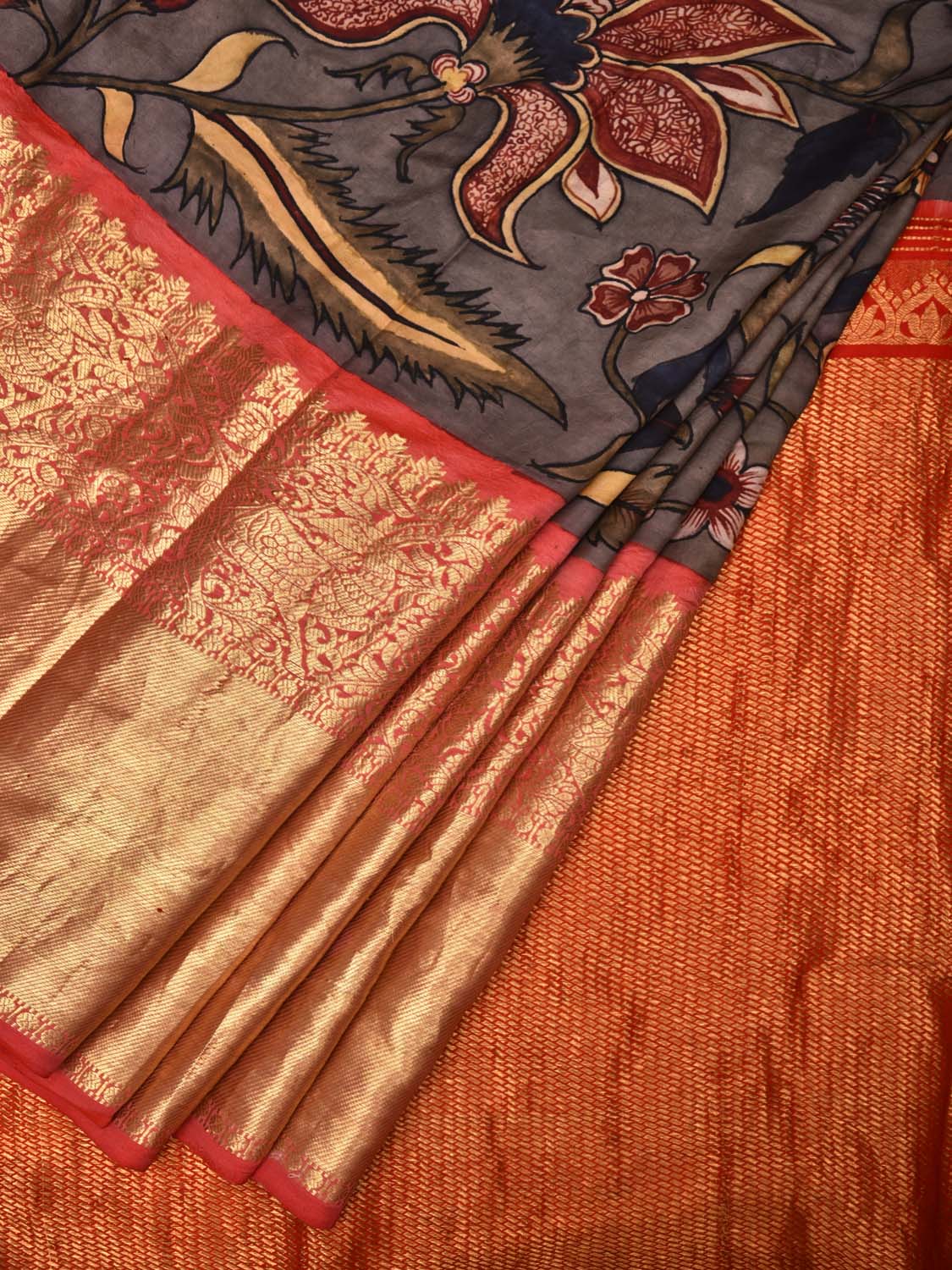 Grey Kalamkari Hand Painted Kancipuram Silk Handloom Saree with Floral Design KL0460