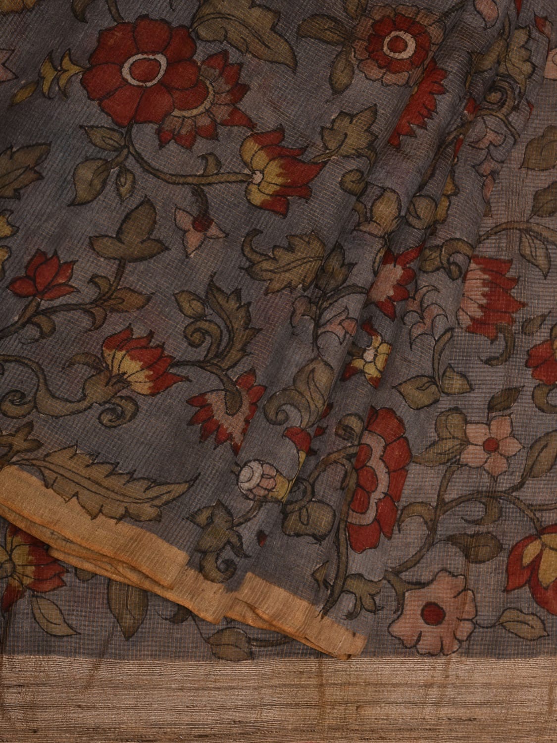 Grey Kalamkari Hand Painted Kota Silk Handloom Saree with Floral Design KL0686