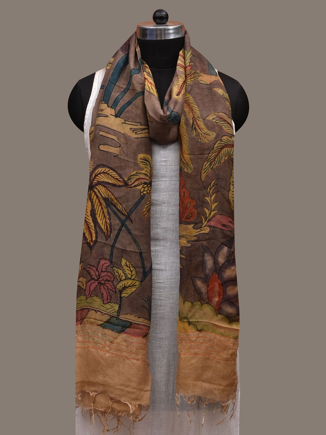 Grey Kalamkari Hand Painted Organza Handloom Dupatta with Trees Design ds2840