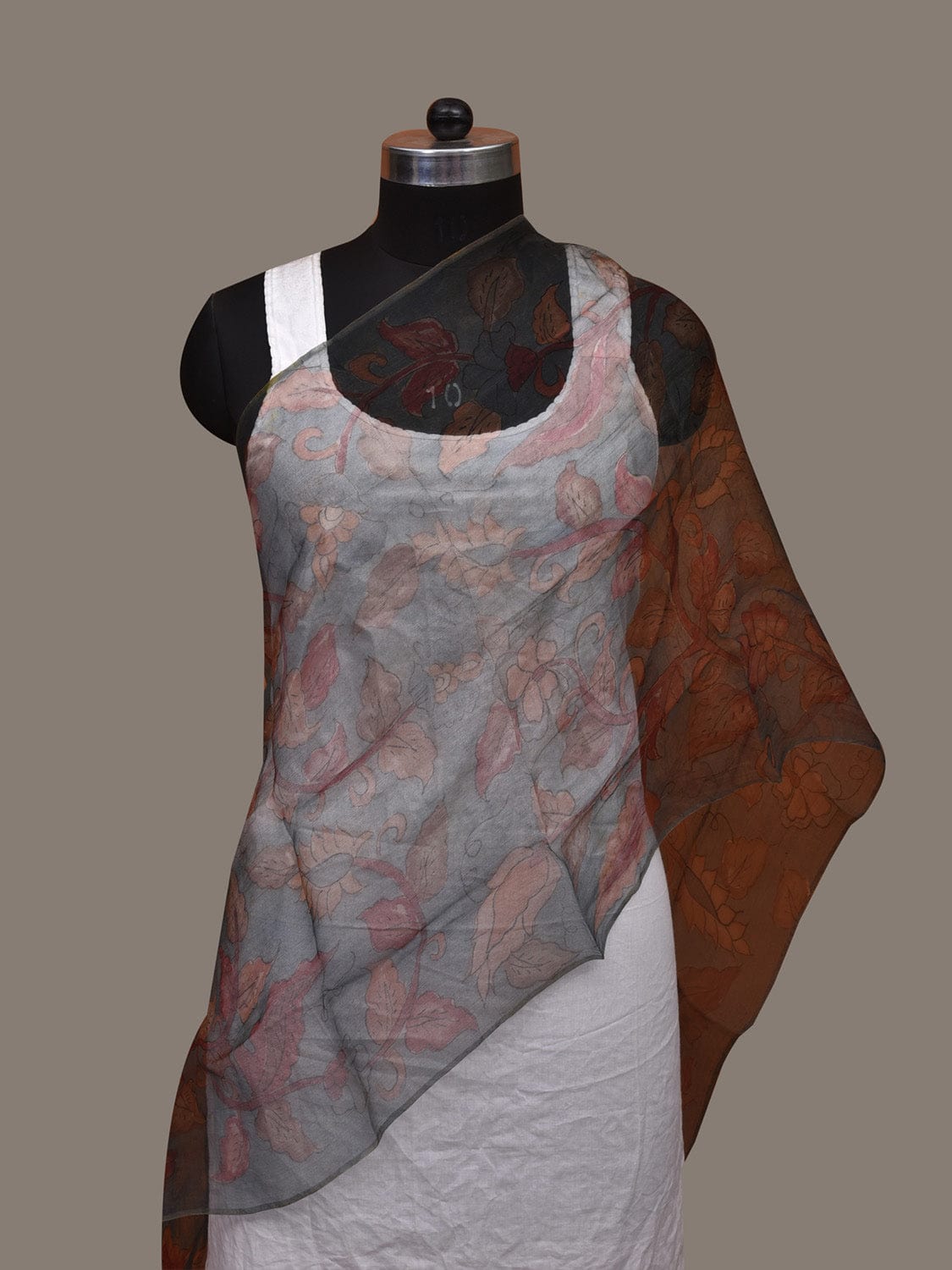 Grey Kalamkari Hand Painted Organza Stole with Floral Design ds3078