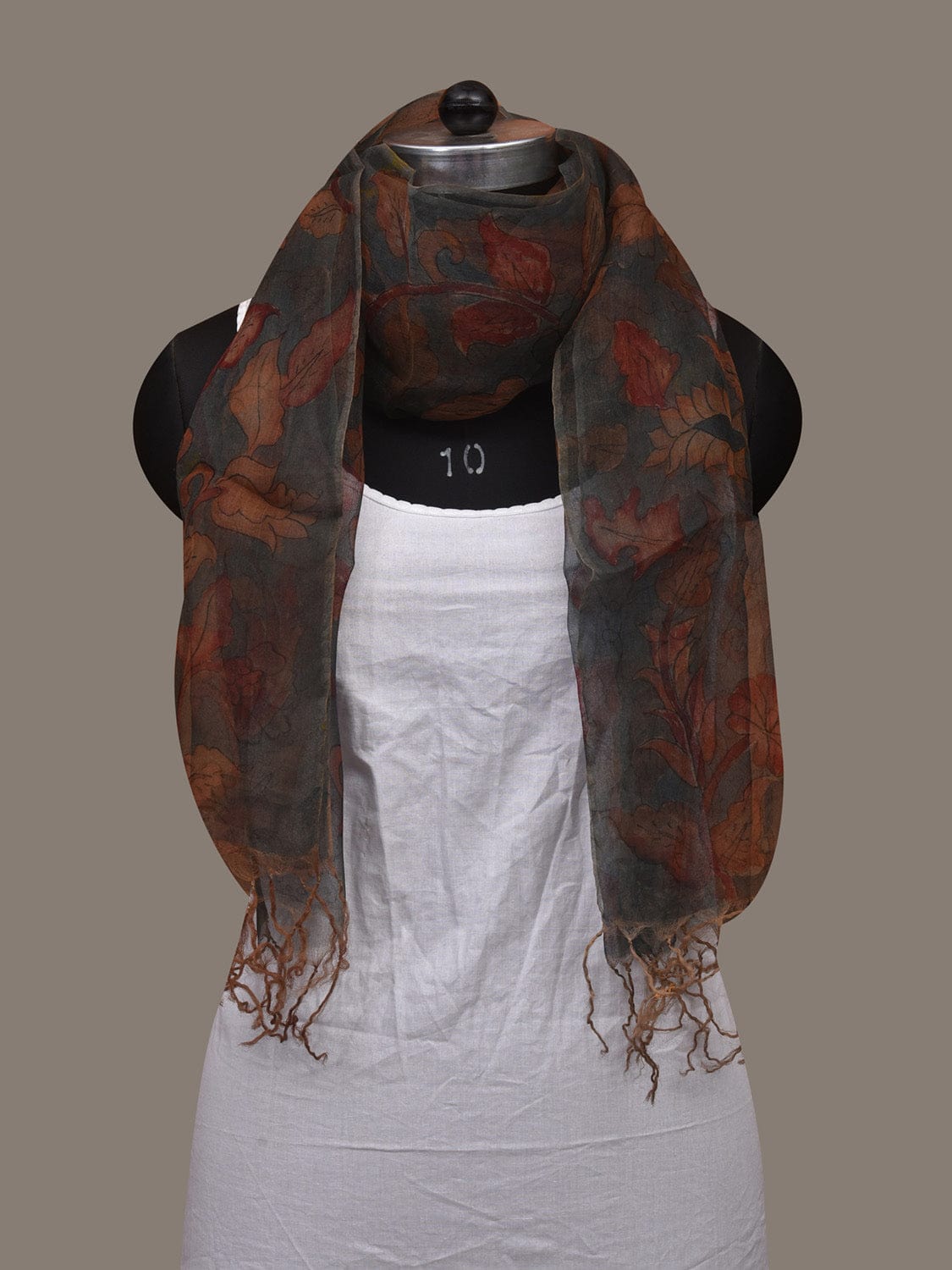 Grey Kalamkari Hand Painted Organza Stole with Floral Design ds3078