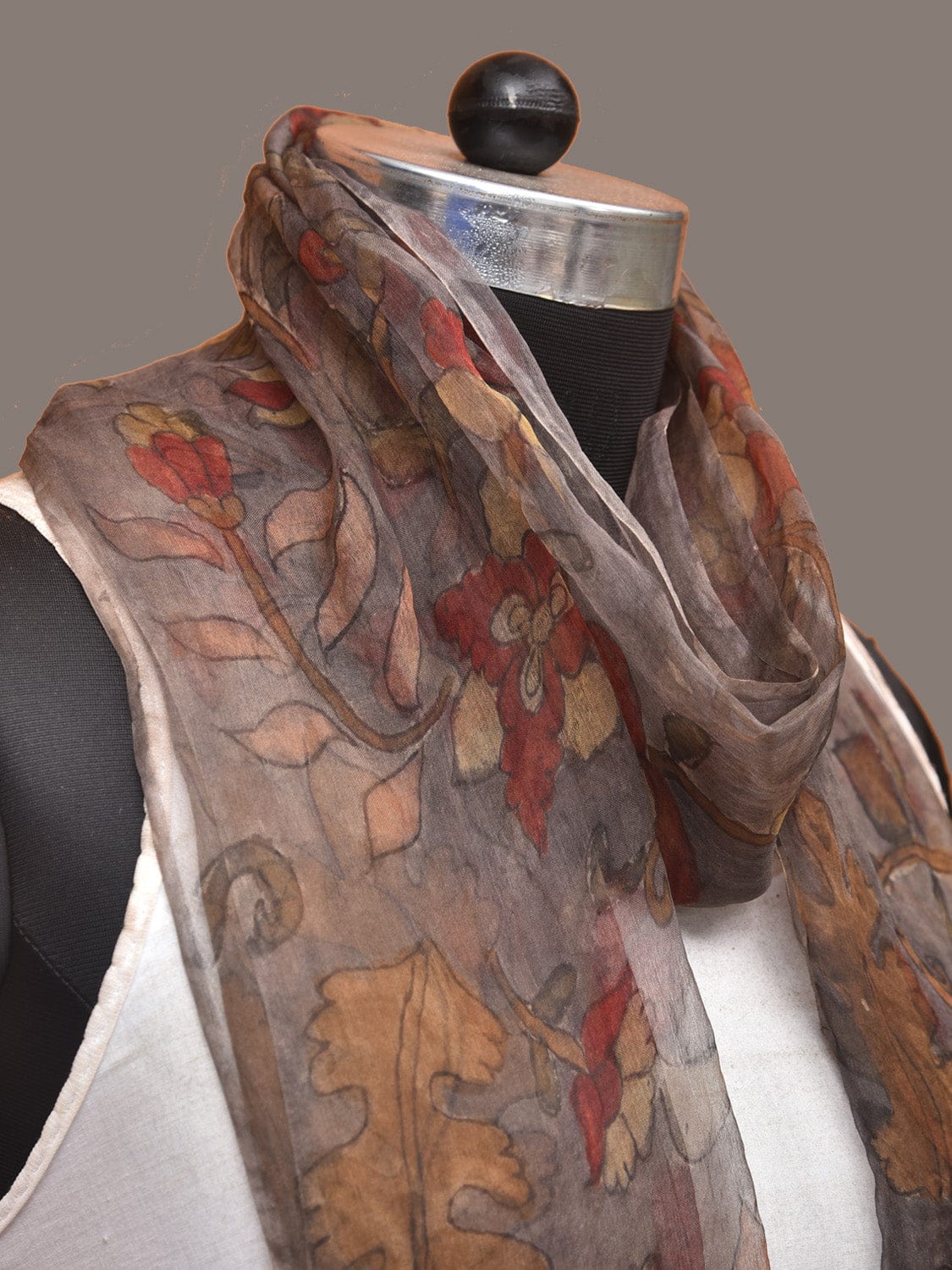 Grey Kalamkari Hand Painted Organza Stole with Floral Design ds3297