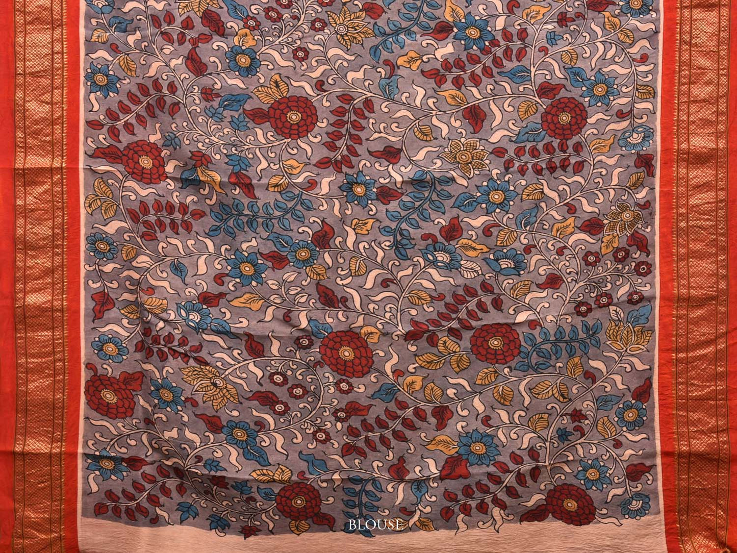 Grey Kalamkari Hand Painted Paithani Silk Handloom Saree with Floral and Pallu Design KL0475