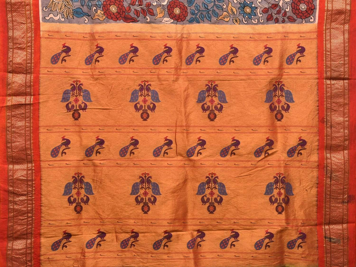 Grey Kalamkari Hand Painted Paithani Silk Handloom Saree with Floral and Pallu Design KL0475