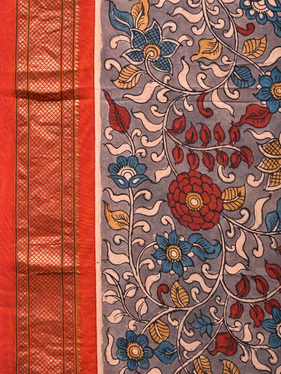 Grey Kalamkari Hand Painted Paithani Silk Handloom Saree with Floral and Pallu Design KL0475