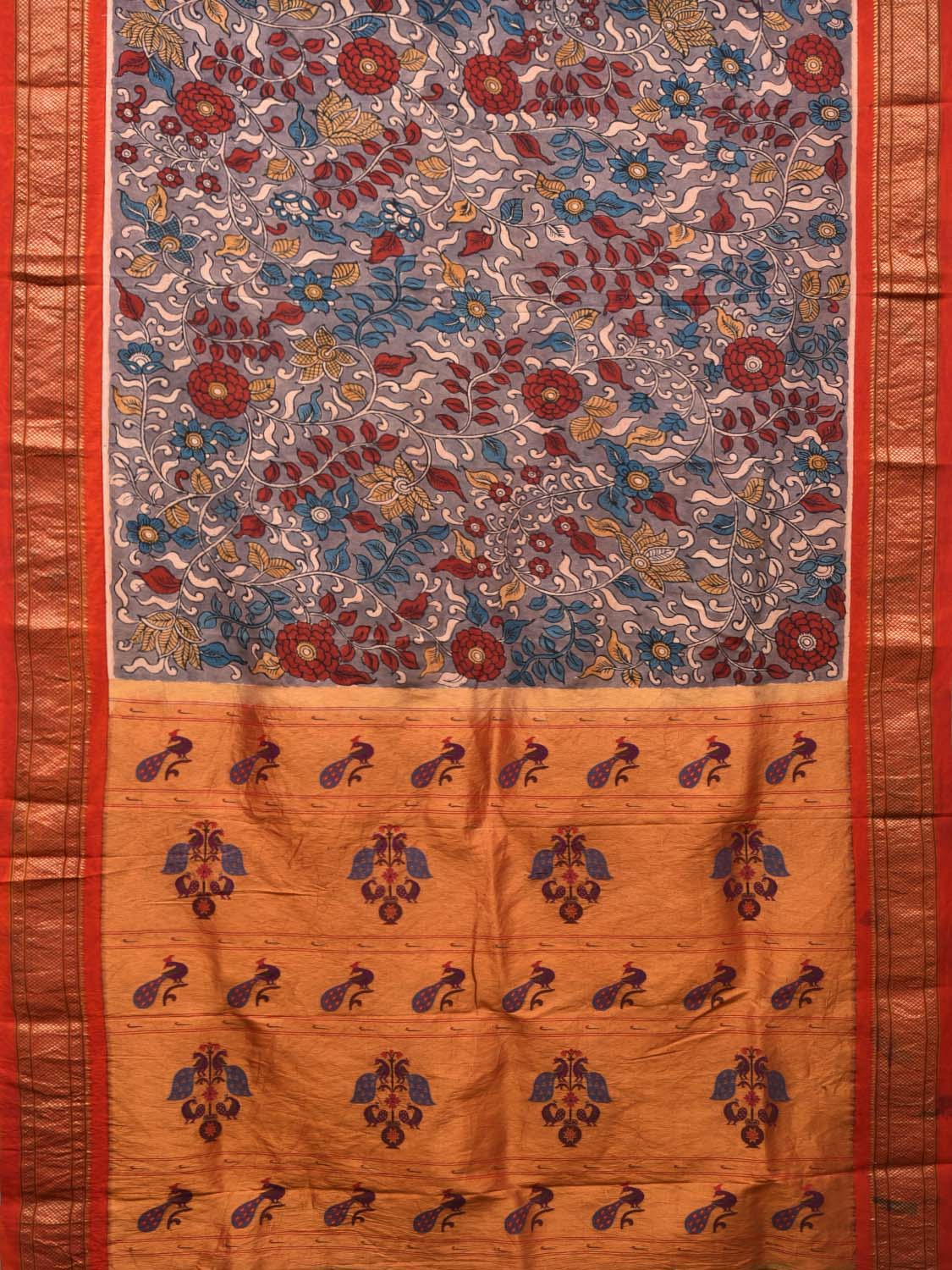 Grey Kalamkari Hand Painted Paithani Silk Handloom Saree with Floral and Pallu Design KL0475