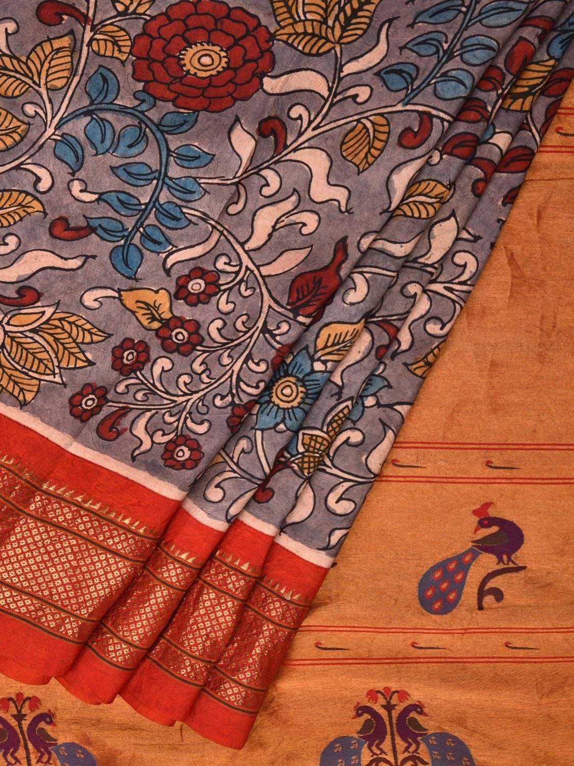 Grey Kalamkari Hand Painted Paithani Silk Handloom Saree with Floral and Pallu Design KL0475