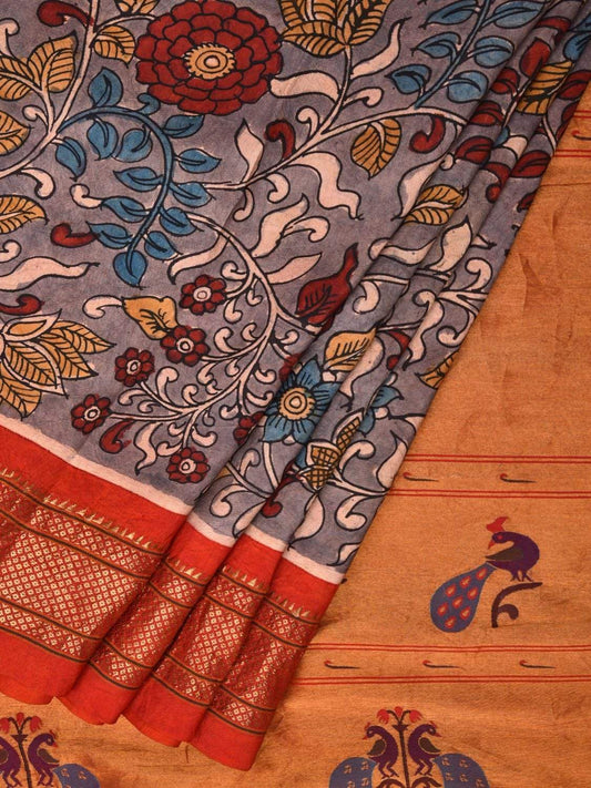 Grey Kalamkari Hand Painted Paithani Silk Handloom Saree with Floral and Pallu Design KL0475