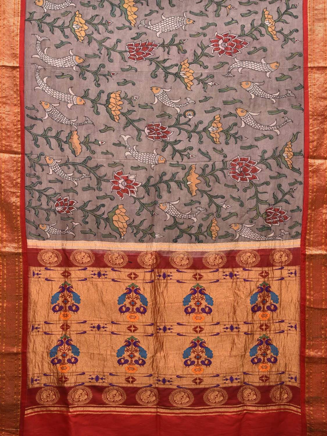 Grey Kalamkari Hand Painted Paithani Silk Handloom Saree with Lotus and Fishes Design KL0493