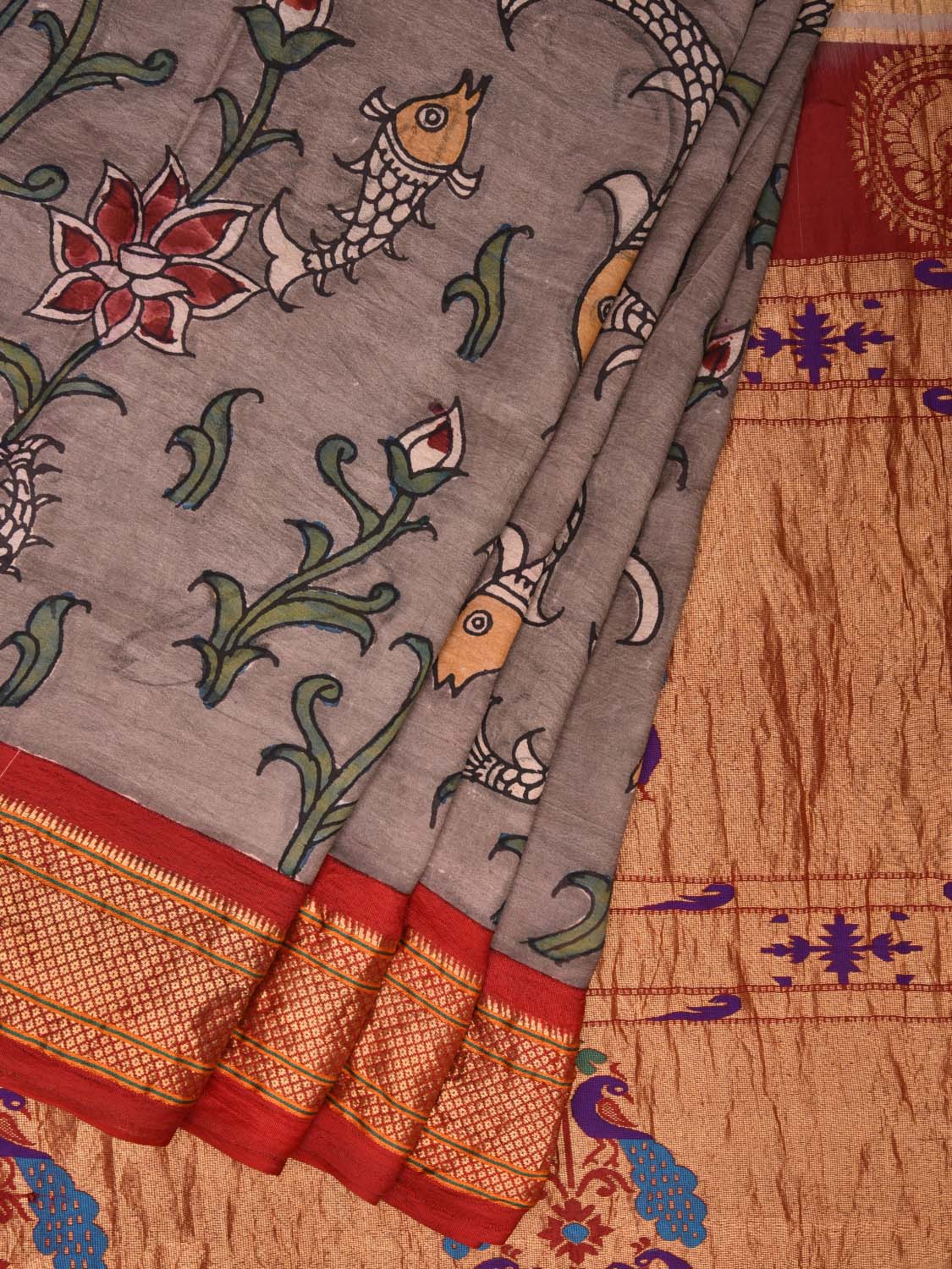 Grey Kalamkari Hand Painted Paithani Silk Handloom Saree with Lotus and Fishes Design KL0493