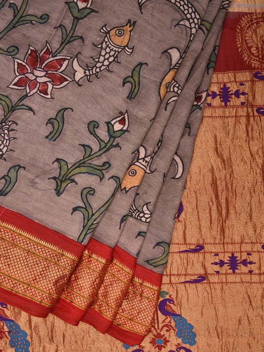 Grey Kalamkari Hand Painted Paithani Silk Handloom Saree with Lotus and Fishes Design KL0493