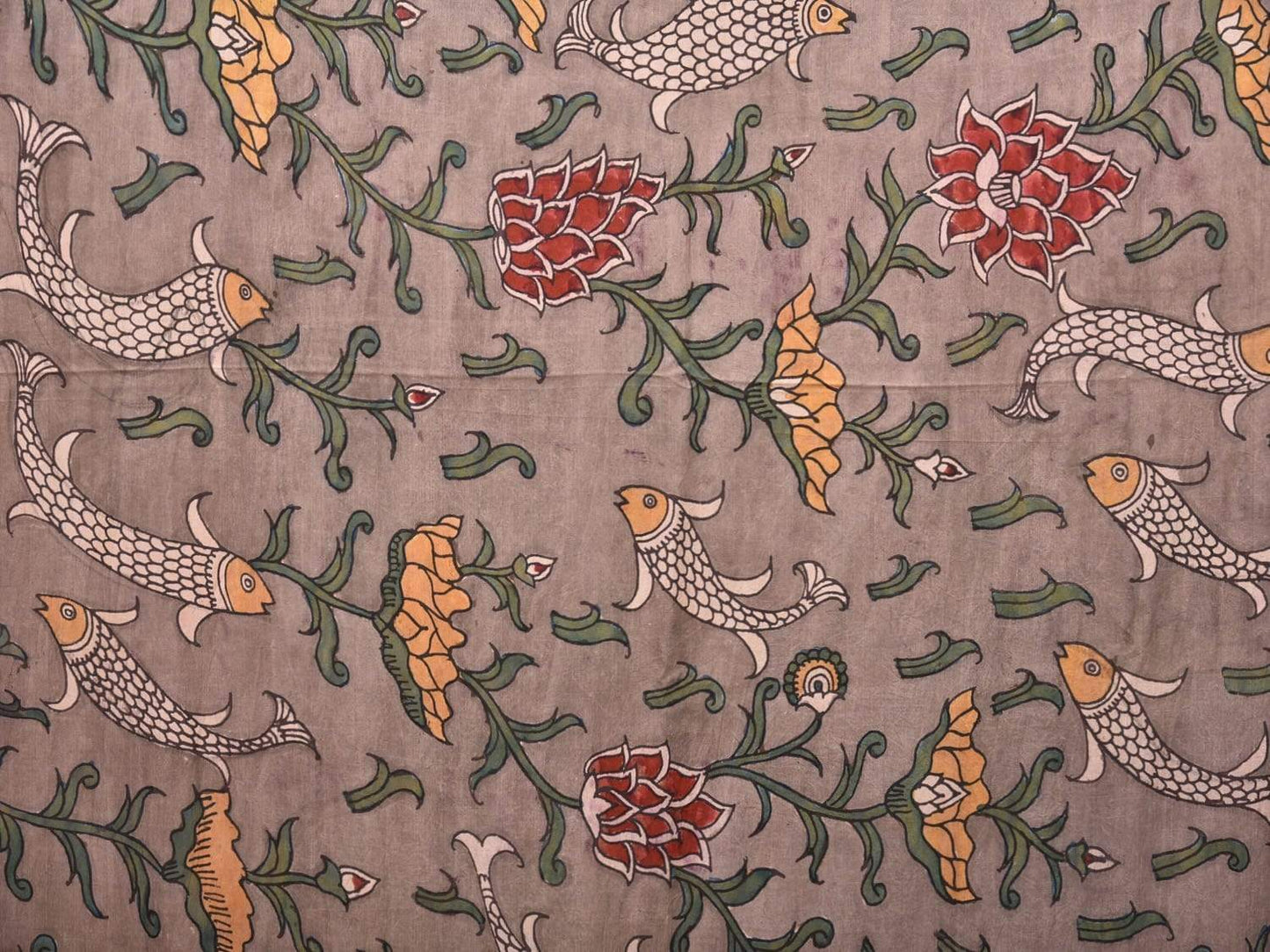 Grey Kalamkari Hand Painted Paithani Silk Handloom Saree with Lotus and Fishes Design KL0493