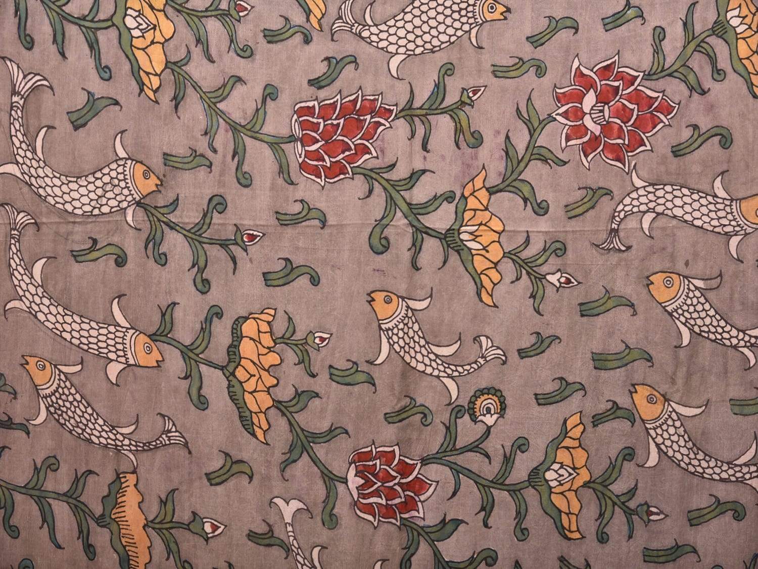 Grey Kalamkari Hand Painted Paithani Silk Handloom Saree with Lotus and Fishes Design KL0493