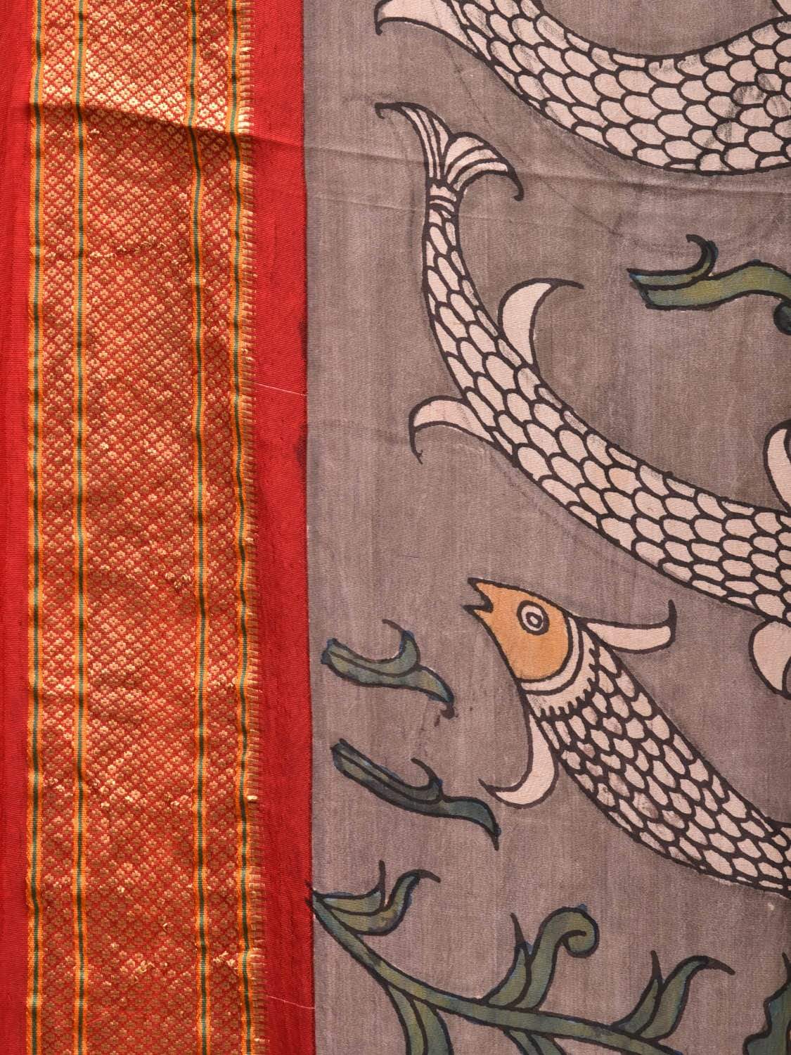 Grey Kalamkari Hand Painted Paithani Silk Handloom Saree with Lotus and Fishes Design KL0493