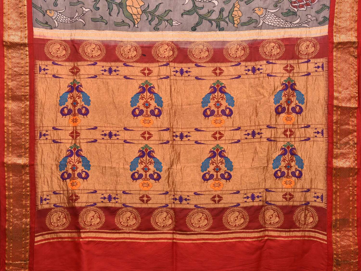 Grey Kalamkari Hand Painted Paithani Silk Handloom Saree with Lotus and Fishes Design KL0493