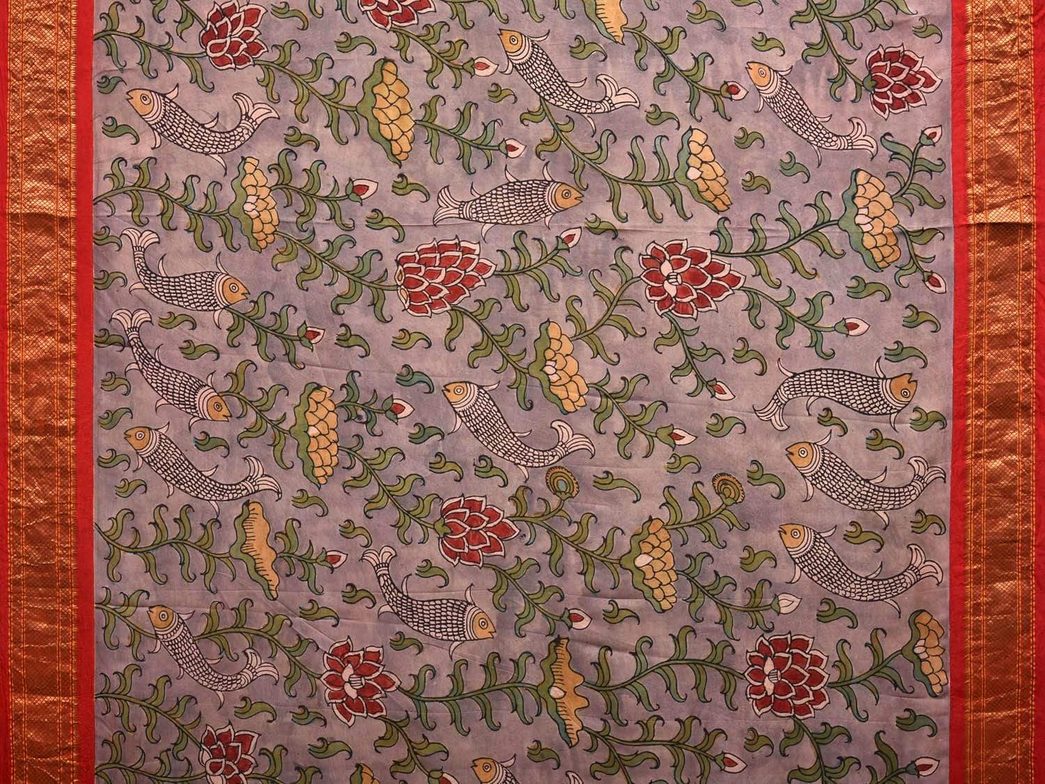 Grey Kalamkari Hand Painted Paithani Silk Handloom Saree with Lotus Flowers and Fish Design KL0530