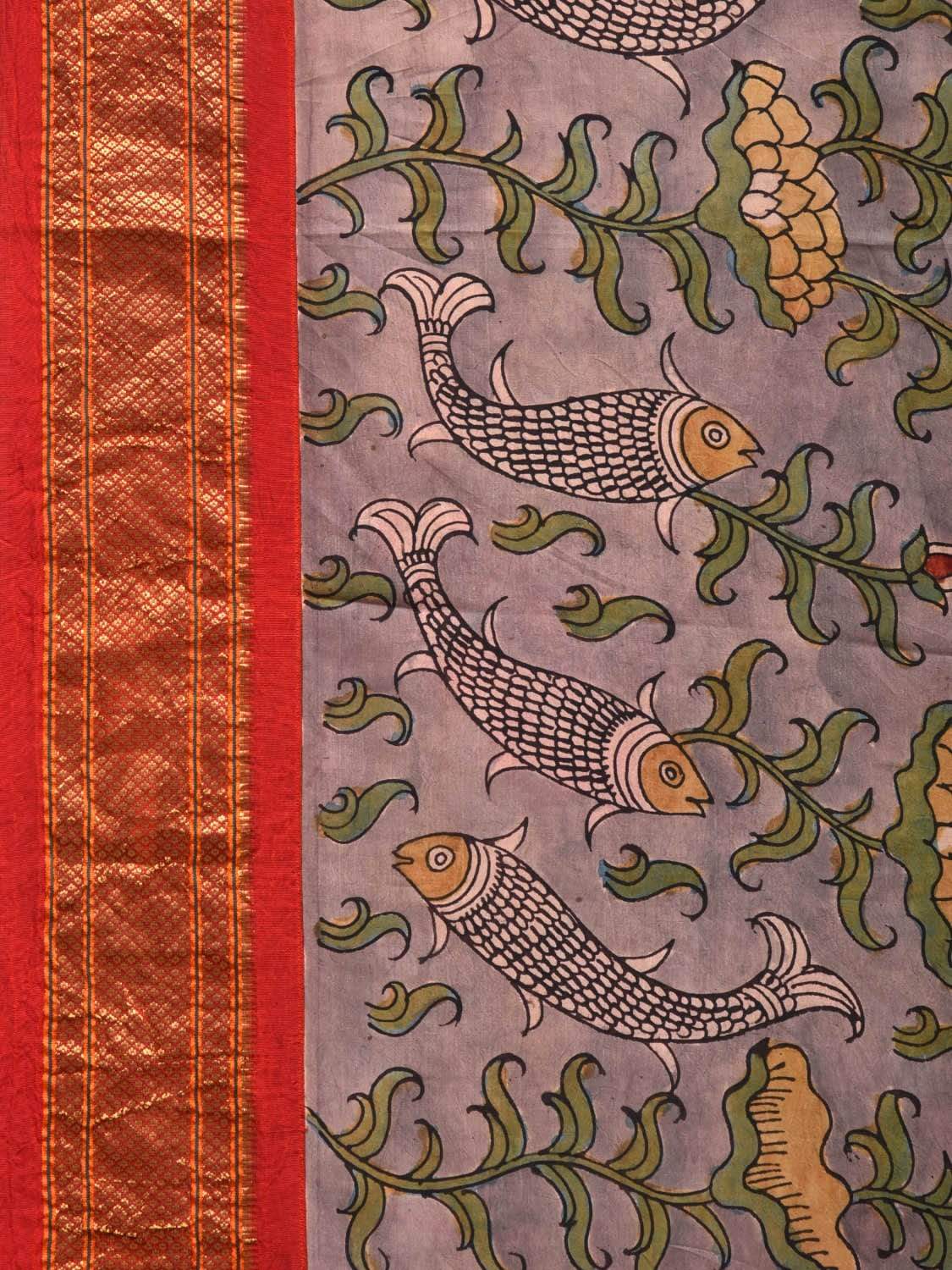 Grey Kalamkari Hand Painted Paithani Silk Handloom Saree with Lotus Flowers and Fish Design KL0530