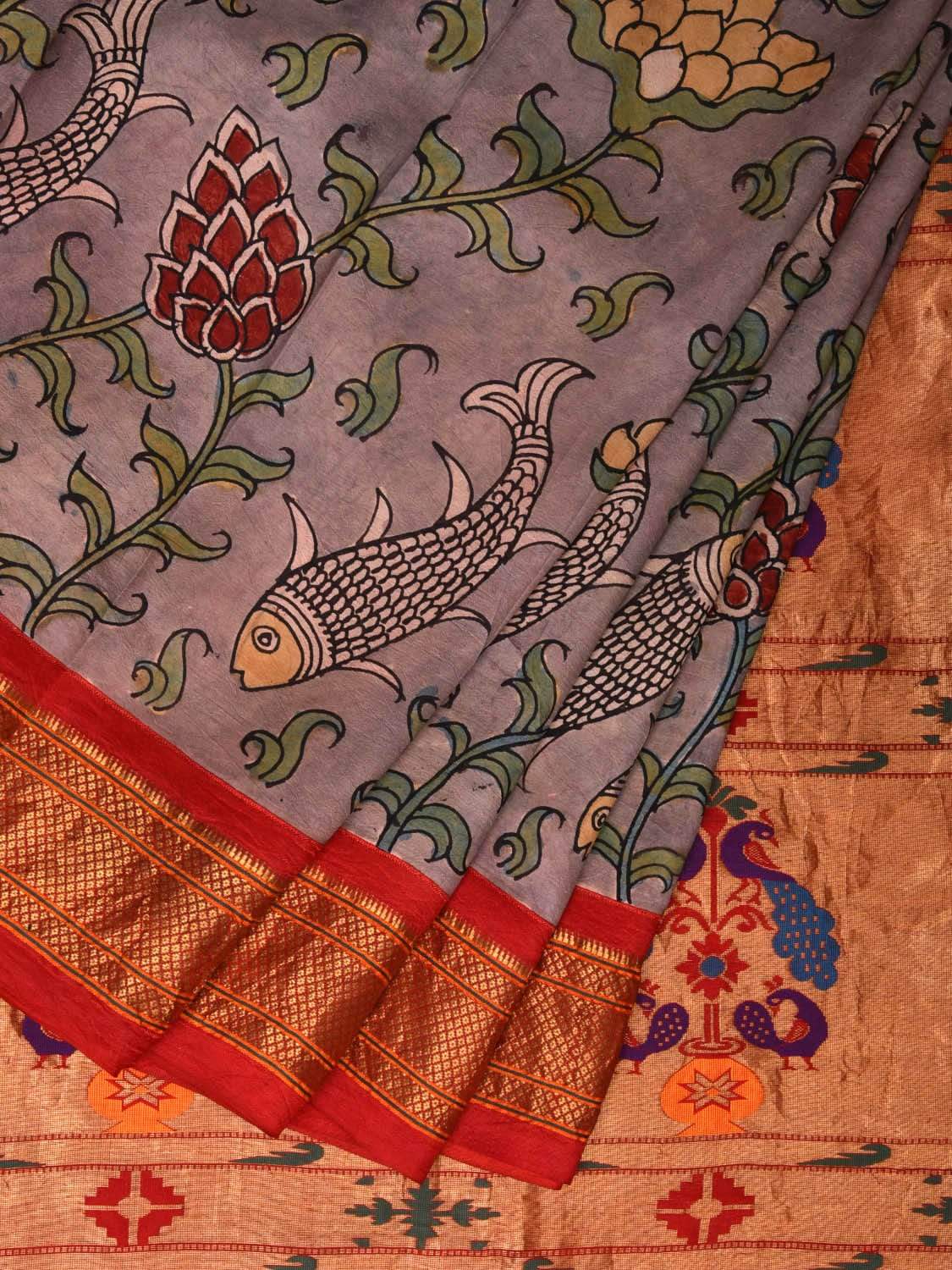 Grey Kalamkari Hand Painted Paithani Silk Handloom Saree with Lotus Flowers and Fish Design KL0530