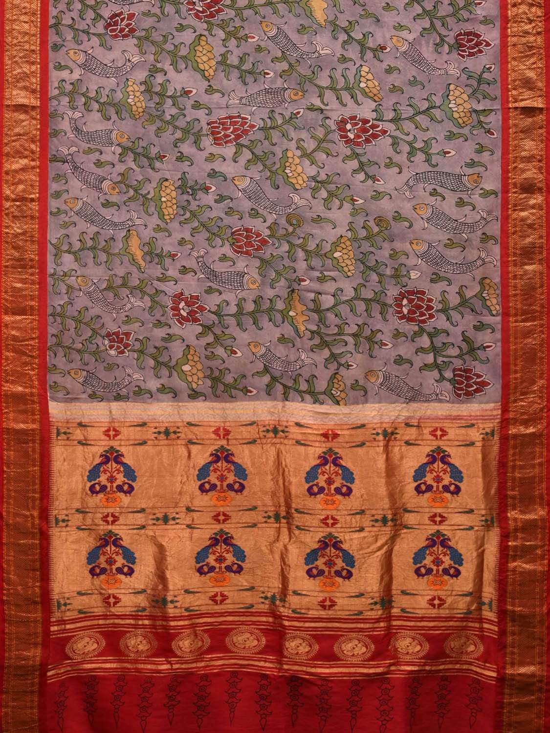 Grey Kalamkari Hand Painted Paithani Silk Handloom Saree with Lotus Flowers and Fish Design KL0530