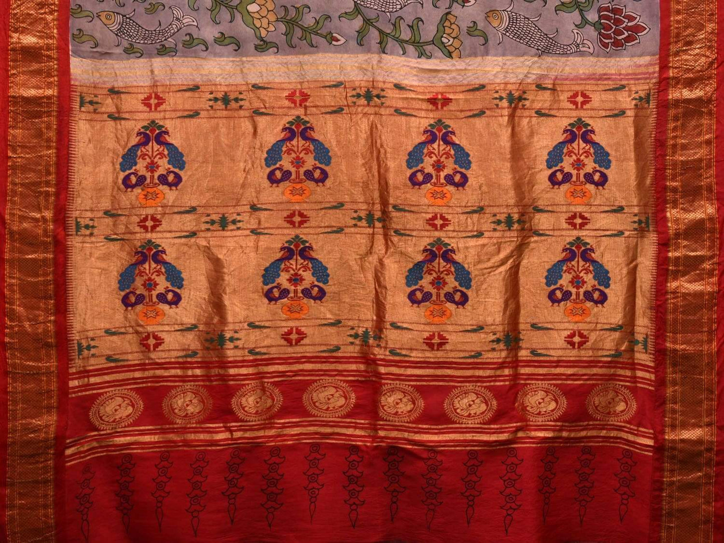 Grey Kalamkari Hand Painted Paithani Silk Handloom Saree with Lotus Flowers and Fish Design KL0530