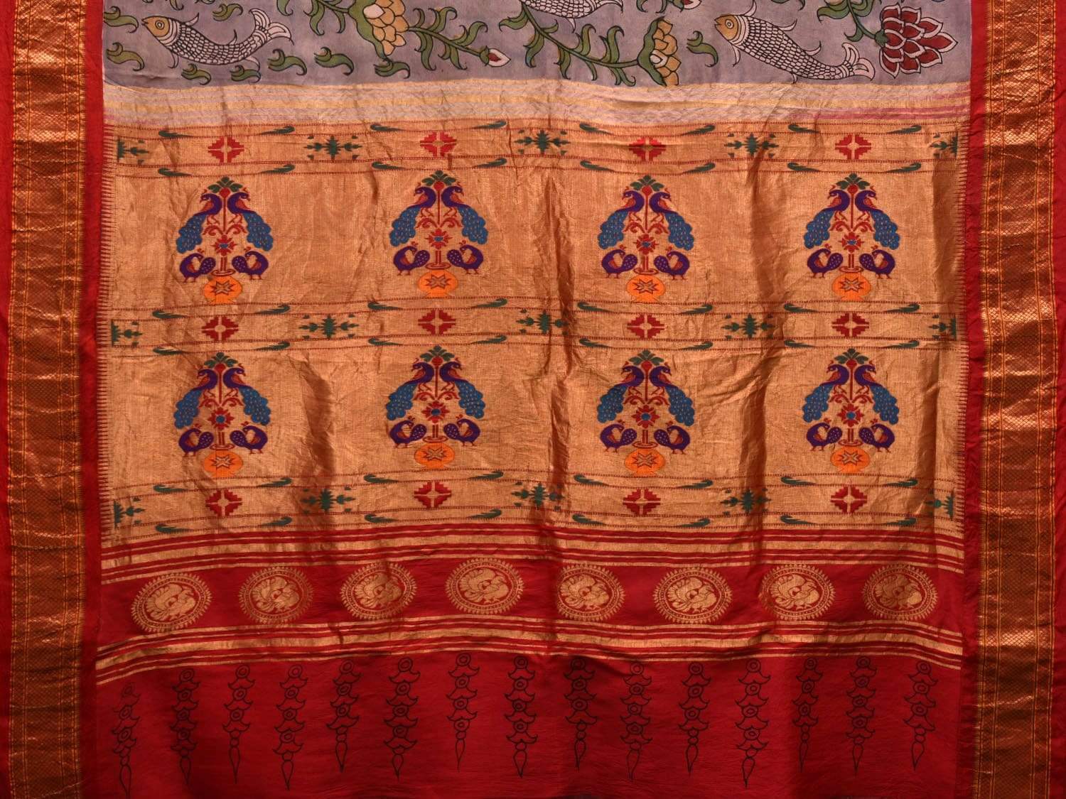 Grey Kalamkari Hand Painted Paithani Silk Handloom Saree with Lotus Flowers and Fish Design KL0530