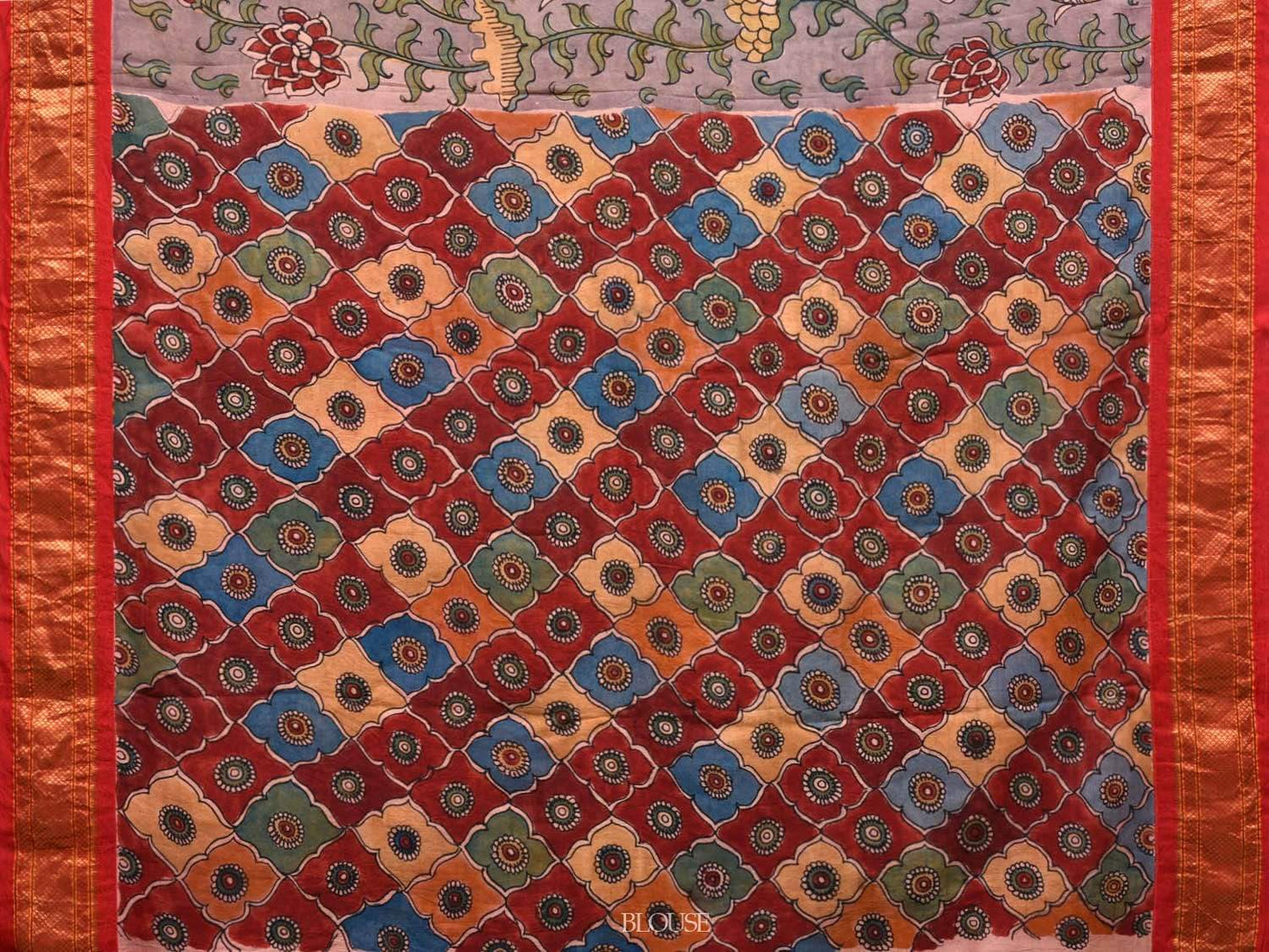 Grey Kalamkari Hand Painted Paithani Silk Handloom Saree with Lotus Flowers and Fish Design KL0530