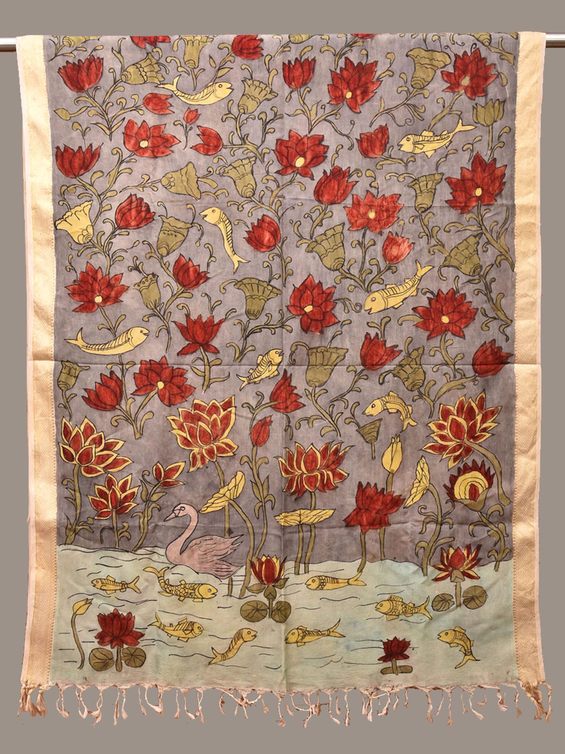 Grey Kalamkari Hand Painted Sico Dupatta with Floral and Fish Design ds3220