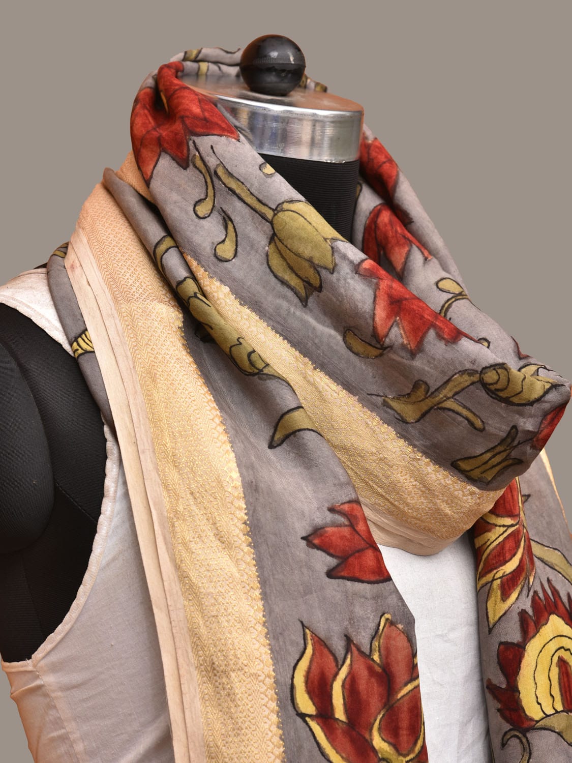 Grey Kalamkari Hand Painted Sico Dupatta with Floral and Fish Design ds3220