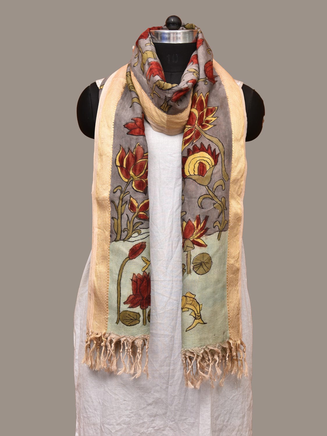 Grey Kalamkari Hand Painted Sico Dupatta with Floral and Fish Design ds3220