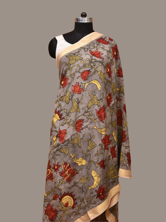 Grey Kalamkari Hand Painted Sico Dupatta with Floral and Fish Design ds3220